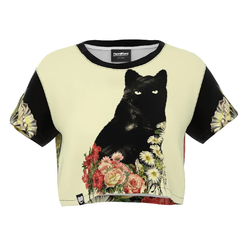 Black Cat Vintage Flowers Crop Top