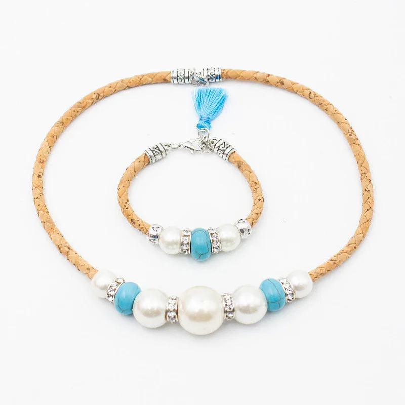 Natural cork  Azure Tassel cork necklace SET-069