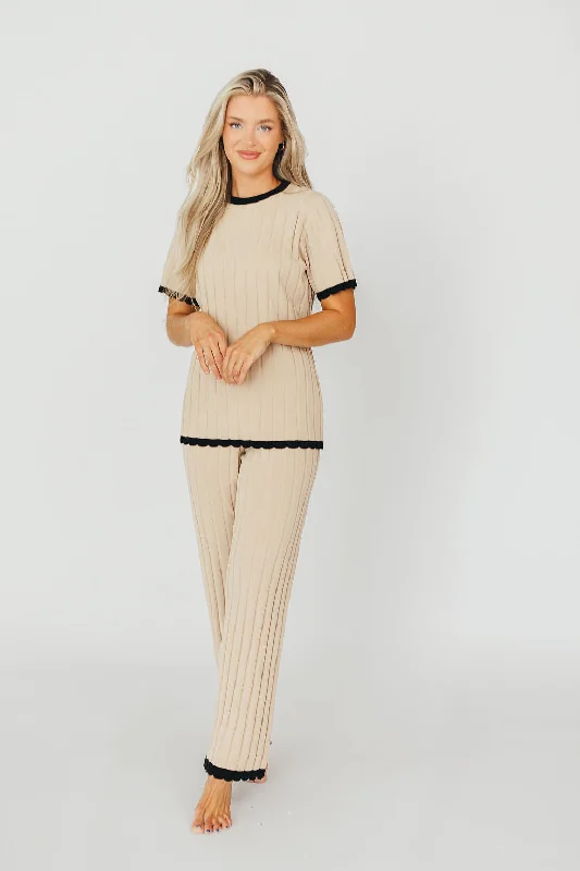 Adele Ribbed Knit Top and Pants Set in Light Taupe