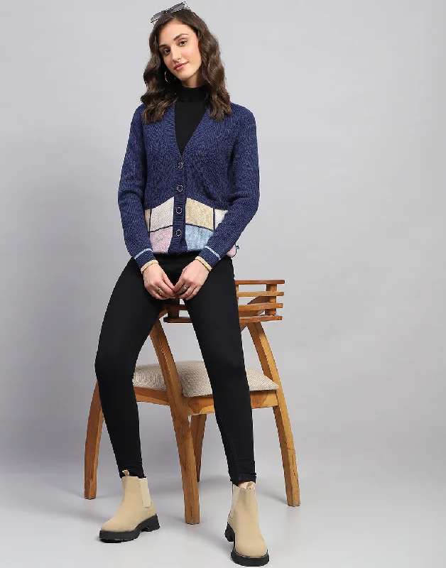 Women Navy Blue Self Design V Neck Full Sleeve Cardigan